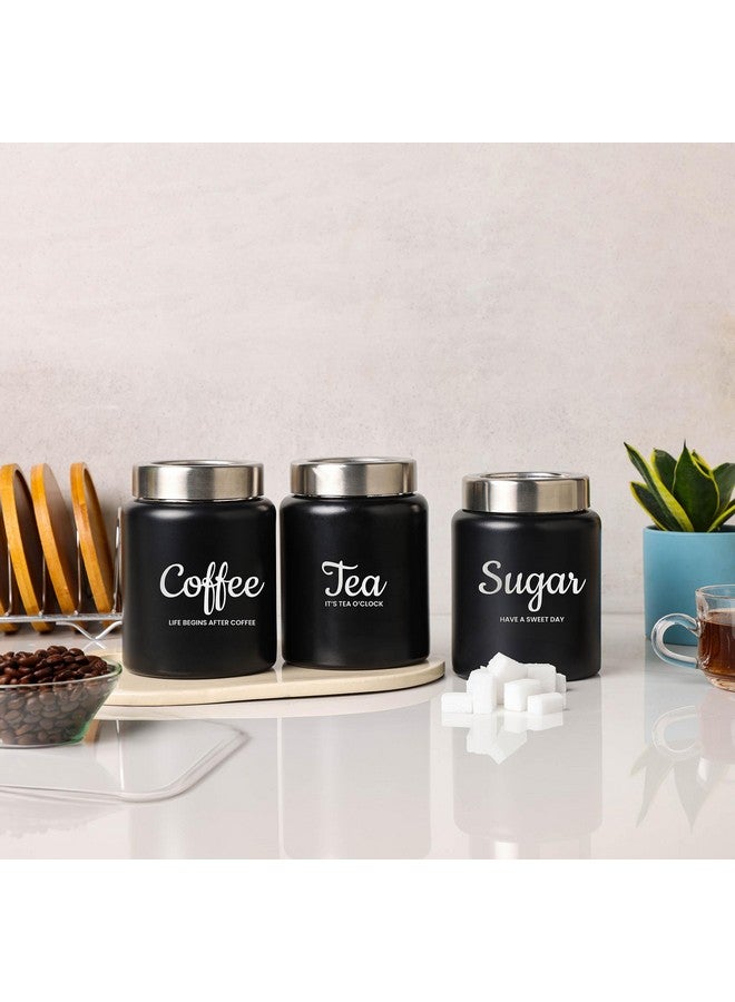 dudki Quoted Stainless Steel Round Canister/Kitchen Storage for Tea Coffee Sugar pack of 3 (BLACK) 800 Millilitre/Each Jar - Image 2