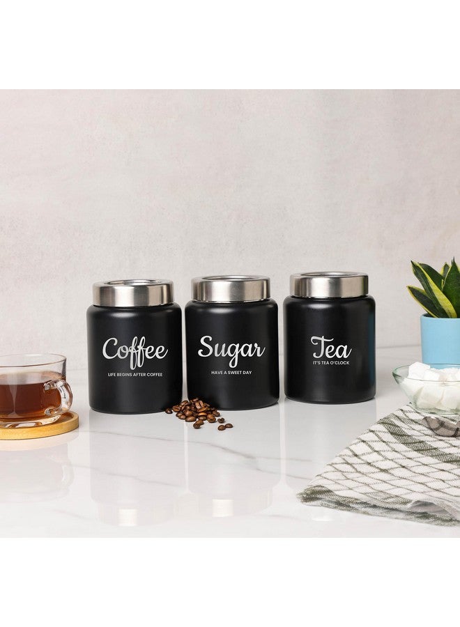 dudki Quoted Stainless Steel Round Canister/Kitchen Storage for Tea Coffee Sugar pack of 3 (BLACK) 800 Millilitre/Each Jar - Image 1