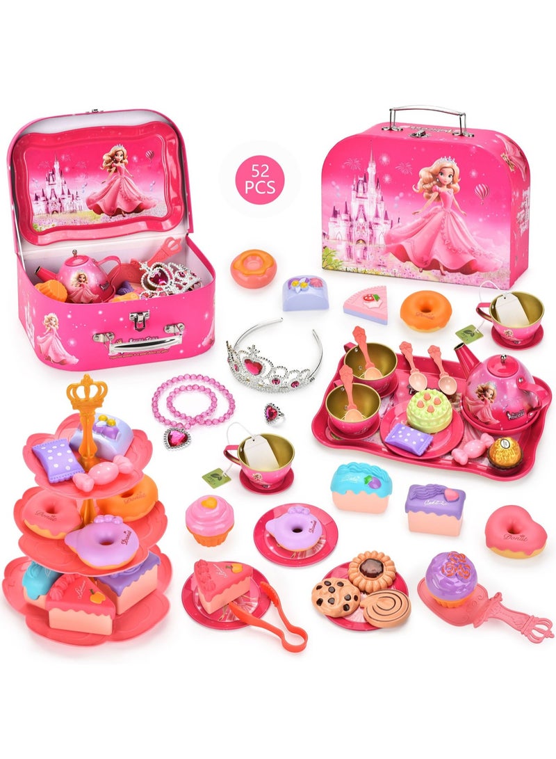 Tinplate Pink Girl Tea Set Afternoon Tea Portable Gift Box With Dessert Suitable For Little Girls, Safe And Durable Children'S Tea Party Kitchen Tableware Set Toys Suitable For Children Over 3 Years Old - Image 1