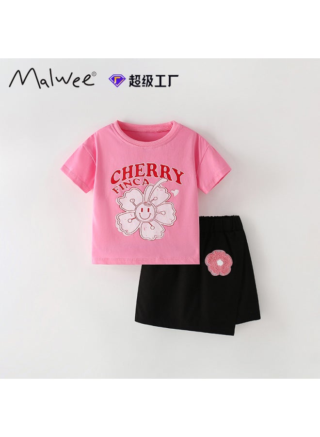 Girls Summer European and American Children Round Neck T-shirt Short Sleeve and Skirt Suit