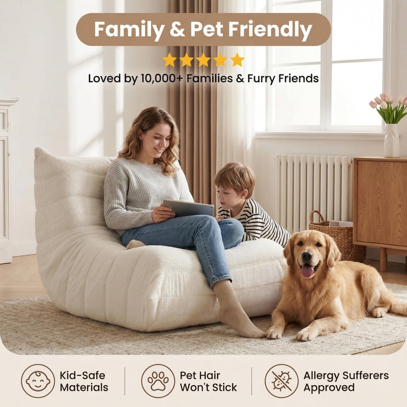 Gazecaia Comfy Bean Bag Chair for Adults Teens | Fireside Floor Lounge Chair, Soft Teddy High-Resilience Memory Foam Bean Bag Couch with Non-Slip Base, for Living Room Bedroom Apartment Office, Beige - Image 3