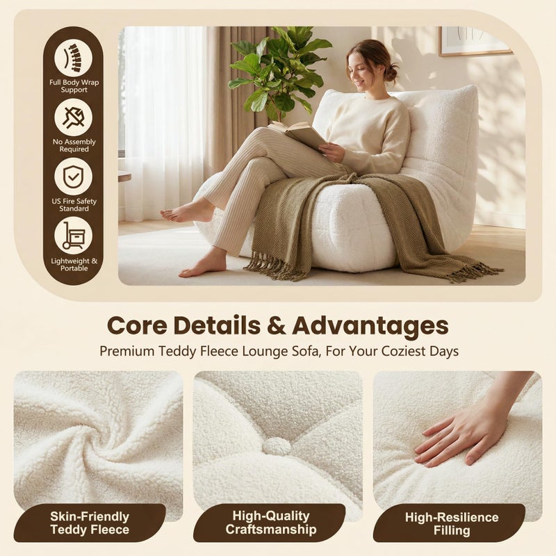 Gazecaia Comfy Bean Bag Chair for Adults Teens | Fireside Floor Lounge Chair, Soft Teddy High-Resilience Memory Foam Bean Bag Couch with Non-Slip Base, for Living Room Bedroom Apartment Office, Beige - Image 4