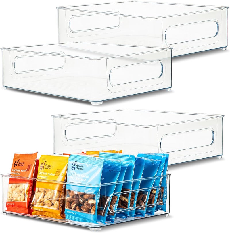 PrimeBox Plastic Food Storage 4 Pack Clear Container Bin with Handles for Organizing Kitchen, Pantry, Refrigerator, Freezer, Pantry, Cabinet, Closet, Bathroom. Stackable 10”x8”x3” - Image 1