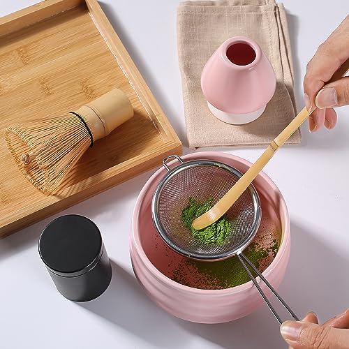 zenrc Ceremony Matcha Kit - Traditional Bamboo Matcha Whisk (Chasen) Scoop (Chashaku) Chawan Bowl with Pouring Spout Whisk Holder Sifter Tea Tray- The Perfect Matcha Set (Set of 6, Pink) - Image 3