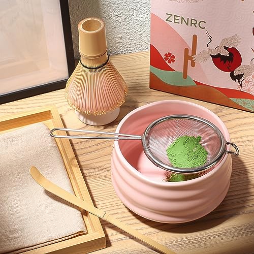 zenrc Ceremony Matcha Kit - Traditional Bamboo Matcha Whisk (Chasen) Scoop (Chashaku) Chawan Bowl with Pouring Spout Whisk Holder Sifter Tea Tray- The Perfect Matcha Set (Set of 6, Pink) - Image 4
