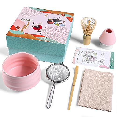 zenrc Ceremony Matcha Kit - Traditional Bamboo Matcha Whisk (Chasen) Scoop (Chashaku) Chawan Bowl with Pouring Spout Whisk Holder Sifter Tea Tray- The Perfect Matcha Set (Set of 6, Pink) - Image 1