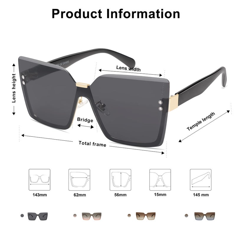 SOJOS Trendy Square Oversized Sunglasses Womens Big Rimless UV400 Ladies Shades SJ1160, All Black Lens/Black Temples - Image 4