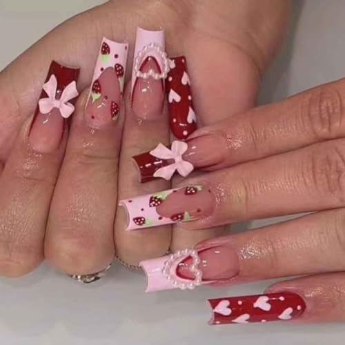 Foccna Press on Nails Long Rhinestone Pink Fake Nails Square Bling Glossy Artificial Nails Finger Manicure for Women and Girls-24pcs (Long Nails 3) - Image 1