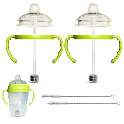 BelBeyo Sippy Cup Conversion Kit for Comotomo Baby Bottles 2-Count, Food Grade Silicone Spout Nipples, All Silicone Weighted Straw, Bottle Handles, Cleaning Brush, BPA-Free, 4+ Months (Sippy Spout, Green) - Image 1