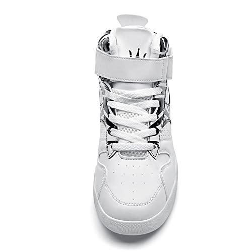 FZUU Men's Fashion High Top Leather Street Sneakers Sports Casual Shoes (7.5, White/Black) - Image 3