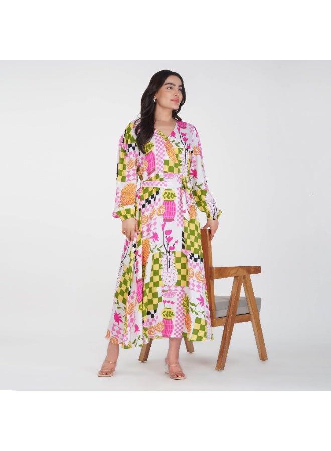 Linelle Pink base Colorful Patch Print- V-Neck Maxi Dress with Belted Waist. - Image 1