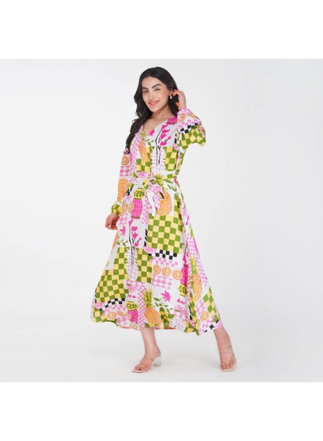 Linelle Pink base Colorful Patch Print- V-Neck Maxi Dress with Belted Waist. - Image 4