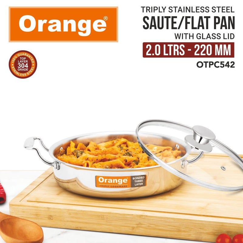 Orange Stainless Steel Triply Cook & Serve Fry Pan/Saute Pan/Kadai/Flat Pan 2.0 Litre Capacity with Glass lid with Cool Touch Handles| 2.5mm Thickness, 22cm Diameter | Induction cooktop Friendly - Image 2