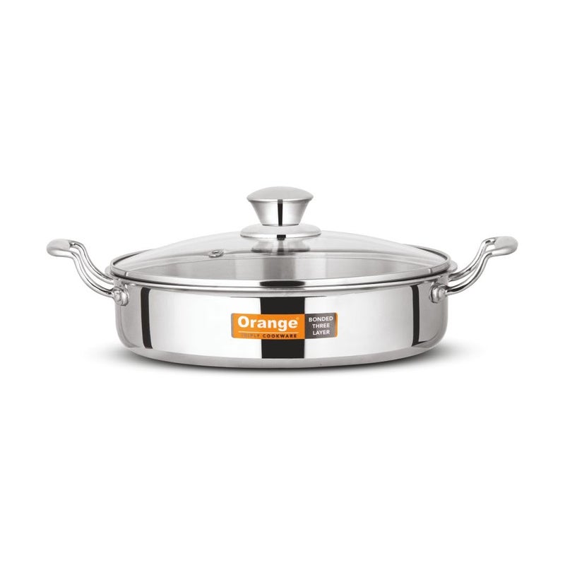 Orange Stainless Steel Triply Cook & Serve Fry Pan/Saute Pan/Kadai/Flat Pan 2.0 Litre Capacity with Glass lid with Cool Touch Handles| 2.5mm Thickness, 22cm Diameter | Induction cooktop Friendly - Image 1