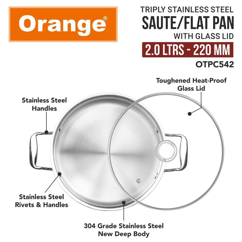Orange Stainless Steel Triply Cook & Serve Fry Pan/Saute Pan/Kadai/Flat Pan 2.0 Litre Capacity with Glass lid with Cool Touch Handles| 2.5mm Thickness, 22cm Diameter | Induction cooktop Friendly - Image 5
