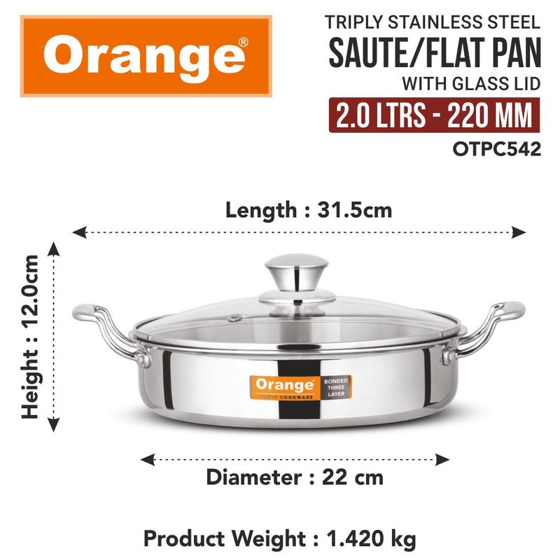 Orange Stainless Steel Triply Cook & Serve Fry Pan/Saute Pan/Kadai/Flat Pan 2.0 Litre Capacity with Glass lid with Cool Touch Handles| 2.5mm Thickness, 22cm Diameter | Induction cooktop Friendly - Image 3