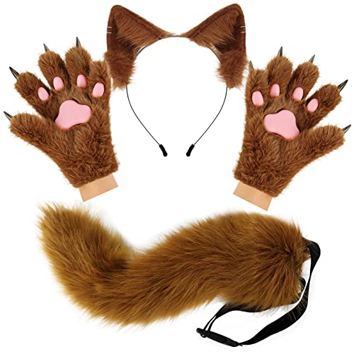 HAOAN Wolf Fox Tail Clip Ears and Gloves Set Halloween Christmas Party Costume for Women - Image 1