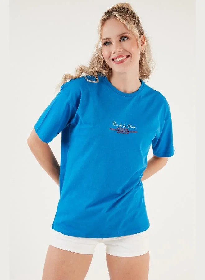 Lela Lela Written Detailed Cotton Oversize Crew Neck T-Shirt Women's T-SHIRT 541RUEDELA