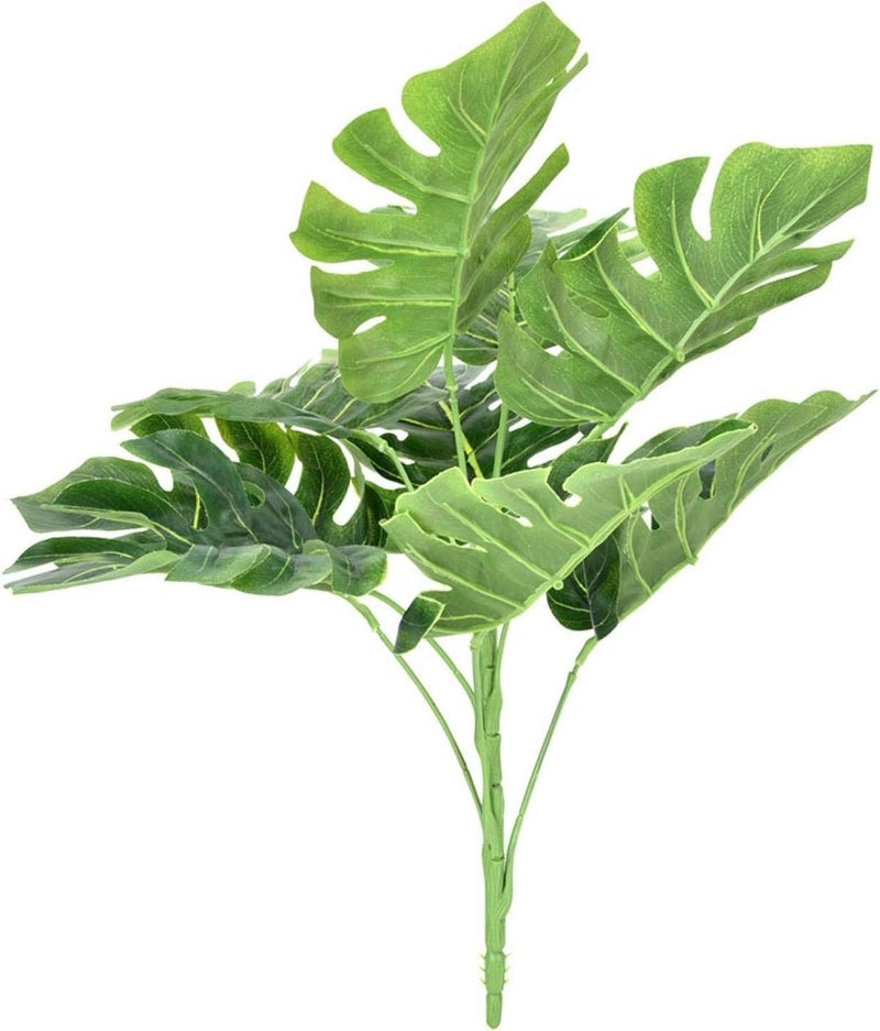 Dekorly Plastic Artificial Palm Plants - Faux Turtle Leaf, Fake Monstera Tropical Large Palm Tree Leaves for Outdoor UV Imitation Decorations | 9 Leaves | 15 Inches (Only One Stick, Green) - Image 3