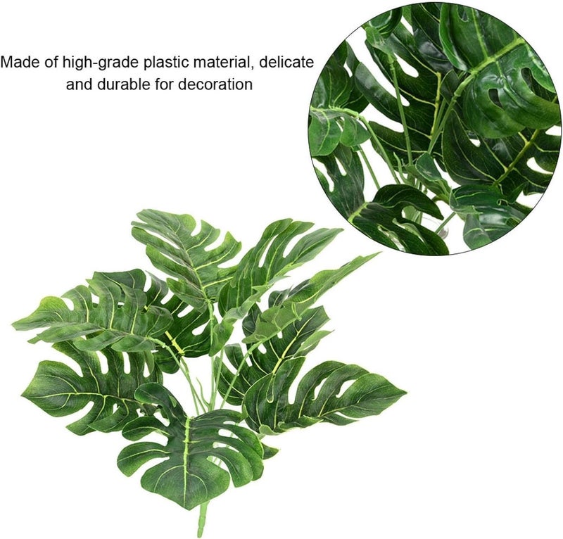Dekorly Plastic Artificial Palm Plants - Faux Turtle Leaf, Fake Monstera Tropical Large Palm Tree Leaves for Outdoor UV Imitation Decorations | 9 Leaves | 15 Inches (Only One Stick, Green) - Image 4