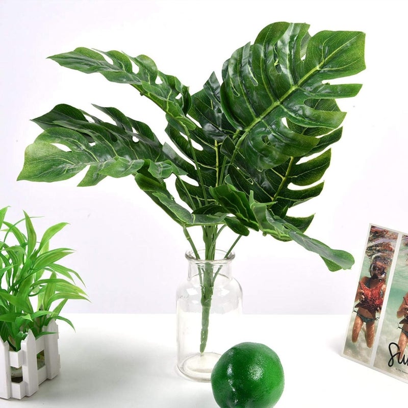 Dekorly Plastic Artificial Palm Plants - Faux Turtle Leaf, Fake Monstera Tropical Large Palm Tree Leaves for Outdoor UV Imitation Decorations | 9 Leaves | 15 Inches (Only One Stick, Green) - Image 2