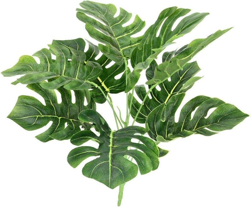 Dekorly Plastic Artificial Palm Plants - Faux Turtle Leaf, Fake Monstera Tropical Large Palm Tree Leaves for Outdoor UV Imitation Decorations | 9 Leaves | 15 Inches (Only One Stick, Green) - Image 1