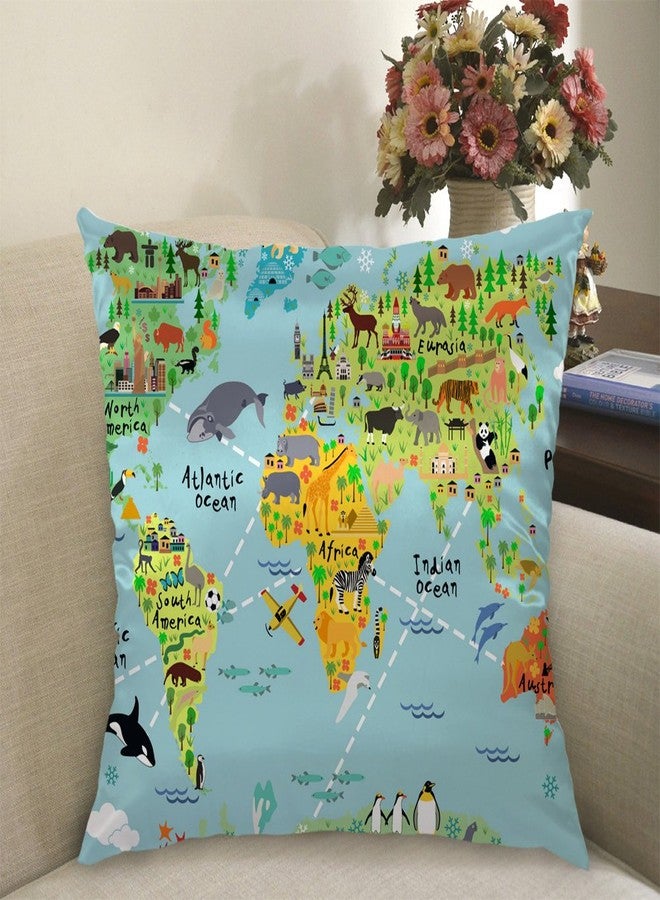 Moslion World Map Pillow Home Decorative Throw Pillow Cover Case Cartoon Map with Animal Satin Square Cushion Cover Silk Pillow Cases for Girls Boys Sofa Bedroom Livingroom 18"x18" - Image 2