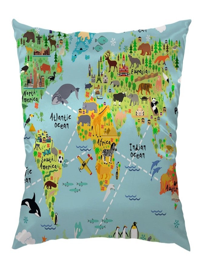 Moslion World Map Pillow Home Decorative Throw Pillow Cover Case Cartoon Map with Animal Satin Square Cushion Cover Silk Pillow Cases for Girls Boys Sofa Bedroom Livingroom 18"x18" - Image 1