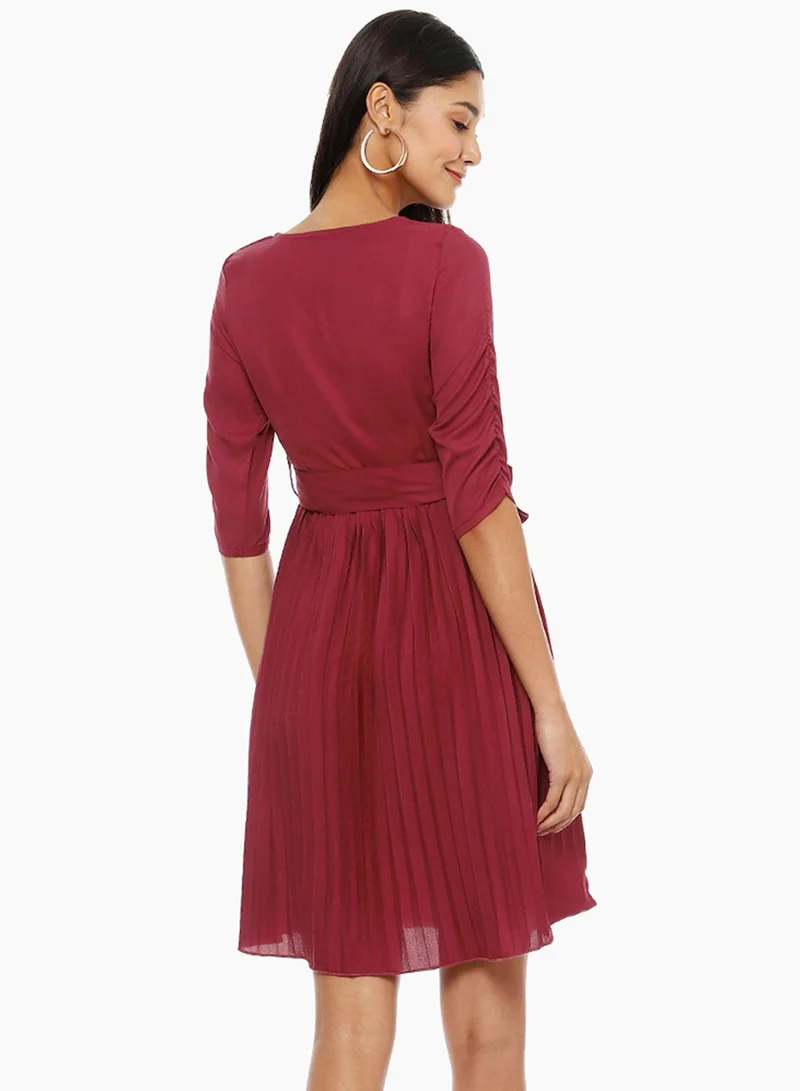 PINACOLADA Women's Maroon Red Pleated Tie-Up Dress