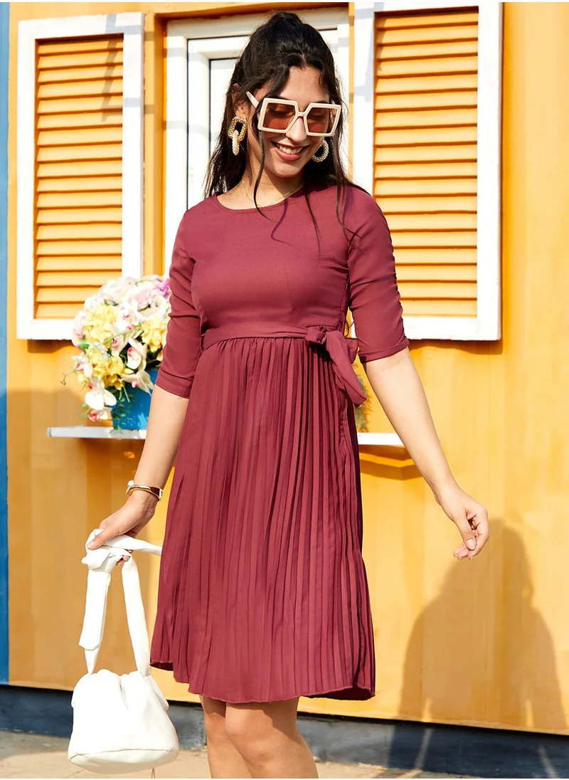 PINACOLADA Women's Maroon Red Pleated Tie-Up Dress