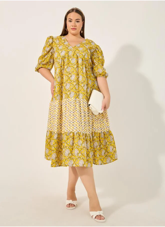 ستايلي Plus Size Floral Print V Neck Tiered Midi Dress