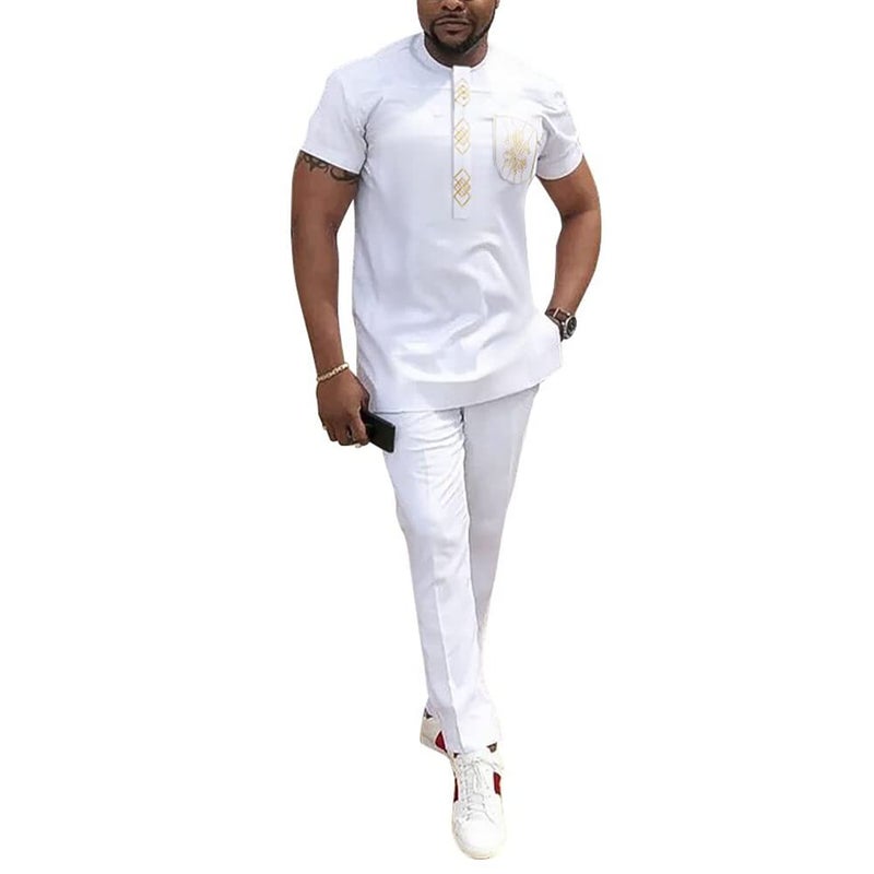 HD African Dashiki Outfit Gold Embroidery White Shirt and Pants Short Sleeves Nigerian Man Clothes Set 4XL
