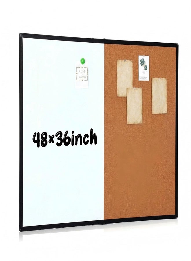 Maitys 48x36 Inch Magnetic Whiteboard and Cork Bulletin Board Combo, Foldable Wall Mounted Half Dry Erase and Cork Combination Board with Black Frame for Office, Classroom, Conference Room - Image 1