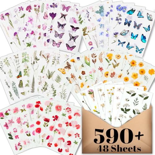 Arme Flower Stickers for Scrapbooking(590 Pieces, 48 Sheets),Decorative Floral Stickers, Small Flower Stickers for Adults, Pressed Flower Stickers Pack, Colorful Wildflower Stickers for Scrapbooking - Image 1