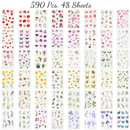 Arme Flower Stickers for Scrapbooking(590 Pieces, 48 Sheets),Decorative Floral Stickers, Small Flower Stickers for Adults, Pressed Flower Stickers Pack, Colorful Wildflower Stickers for Scrapbooking - Image 3