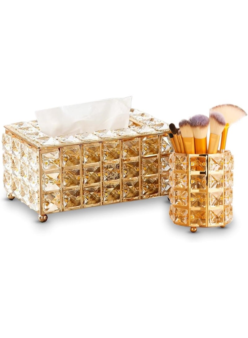 Golden Crystal Tissue Box Cover with Makeup Brush Holder for Vanity Table - Image 1