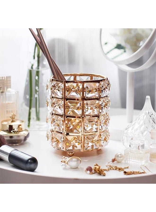 Golden Crystal Tissue Box Cover with Makeup Brush Holder for Vanity Table - Image 2