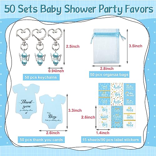 Teling 50 Sets Baby Shower Party Favors Baby Shower Angel Keychains Label Sticker Cards Organza Bags for Baptism PartyBlue - Image 3