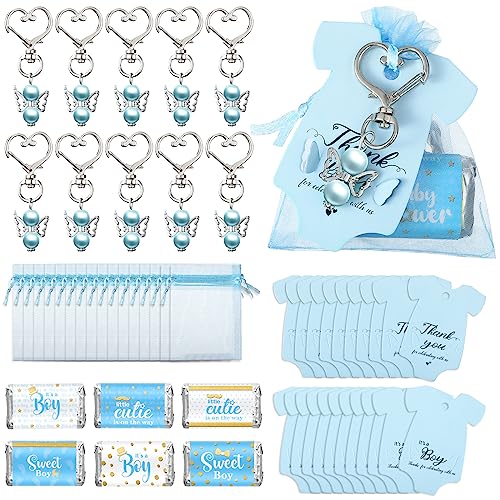 Teling 50 Sets Baby Shower Party Favors Baby Shower Angel Keychains Label Sticker Cards Organza Bags for Baptism PartyBlue - Image 1