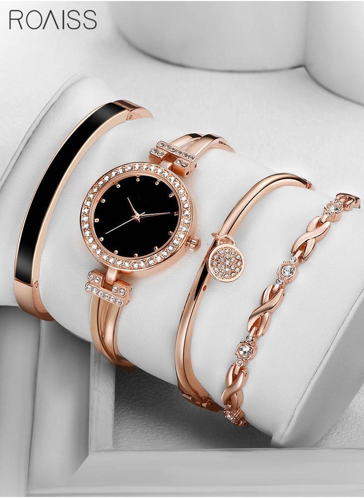 roaiss - Elegant Rose Gold Watch and Bracelet Set for Women - Glitter Crystal Stainless Steel Wrist Watch with 3 Bracelets - Black - Image 1