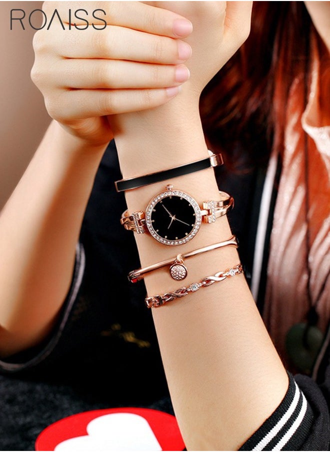 roaiss - Elegant Rose Gold Watch and Bracelet Set for Women - Glitter Crystal Stainless Steel Wrist Watch with 3 Bracelets - Black - Image 1