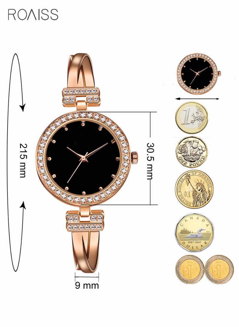 roaiss - Elegant Rose Gold Watch and Bracelet Set for Women - Glitter Crystal Stainless Steel Wrist Watch with 3 Bracelets - Black - Image 1