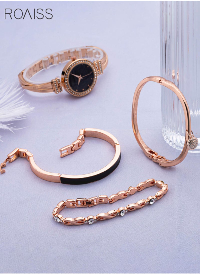 roaiss - Elegant Rose Gold Watch and Bracelet Set for Women - Glitter Crystal Stainless Steel Wrist Watch with 3 Bracelets - Black - Image 1