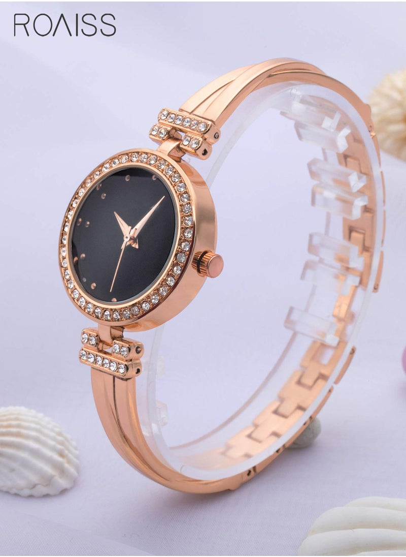 roaiss - Elegant Rose Gold Watch and Bracelet Set for Women - Glitter Crystal Stainless Steel Wrist Watch with 3 Bracelets - Black - Image 1