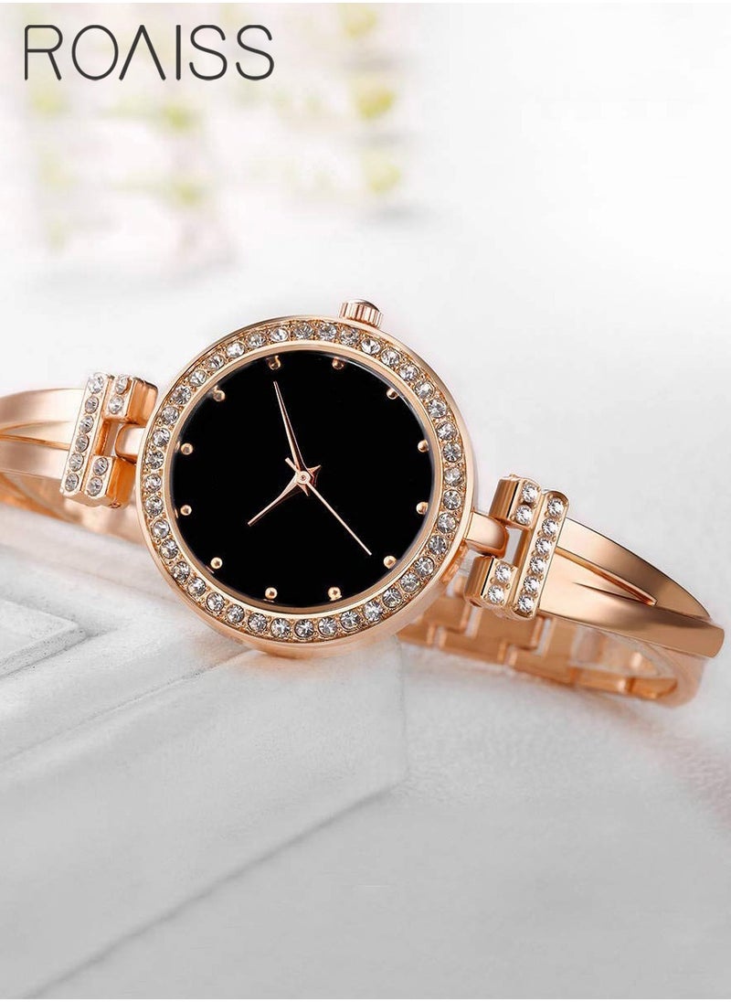 roaiss - Elegant Rose Gold Watch and Bracelet Set for Women - Glitter Crystal Stainless Steel Wrist Watch with 3 Bracelets - Black - Image 1
