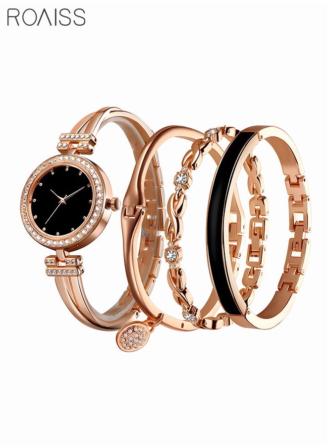 roaiss - Elegant Rose Gold Watch and Bracelet Set for Women - Glitter Crystal Stainless Steel Wrist Watch with 3 Bracelets - Black - Image 1