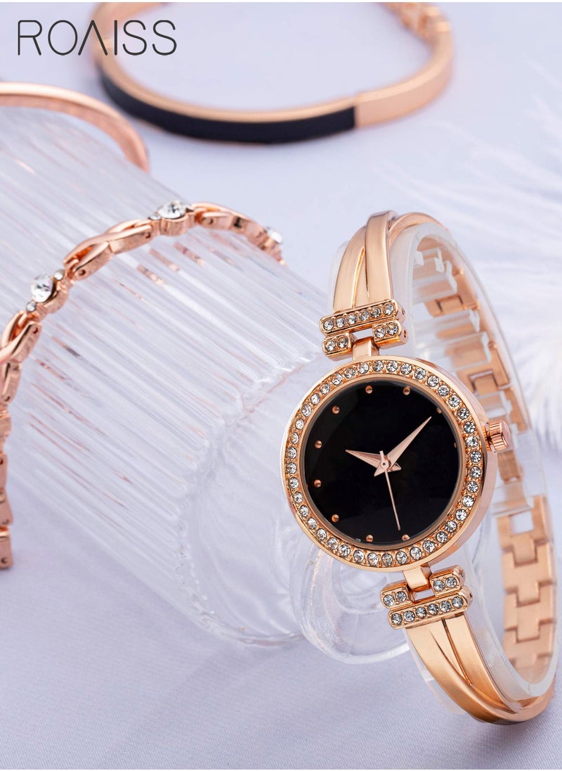 roaiss - Elegant Rose Gold Watch and Bracelet Set for Women - Glitter Crystal Stainless Steel Wrist Watch with 3 Bracelets - Black - Image 1