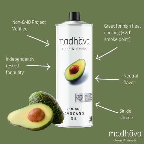MADHAVA Avocado Oil (33.8 oz, 1L Tin), Single Source, 100% Pure, Neutral Flavor, High Heat Cooking Oil, 520-Degree Smoke Point, Non-GMO - Image 3