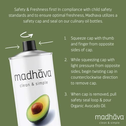 MADHAVA Avocado Oil (33.8 oz, 1L Tin), Single Source, 100% Pure, Neutral Flavor, High Heat Cooking Oil, 520-Degree Smoke Point, Non-GMO - Image 5