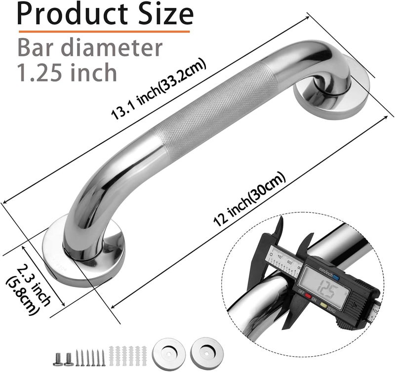 Rackickyer Shower Grab Bar, 2 Pack 12 Inch Bathroom Grab Bar, 1.25" Diameter 304 Stainless Steel Anti-Slip Grab Bars for Bathtubs and Showers, Handicap Shower Grab Bar for Seniors Elderly - Image 2